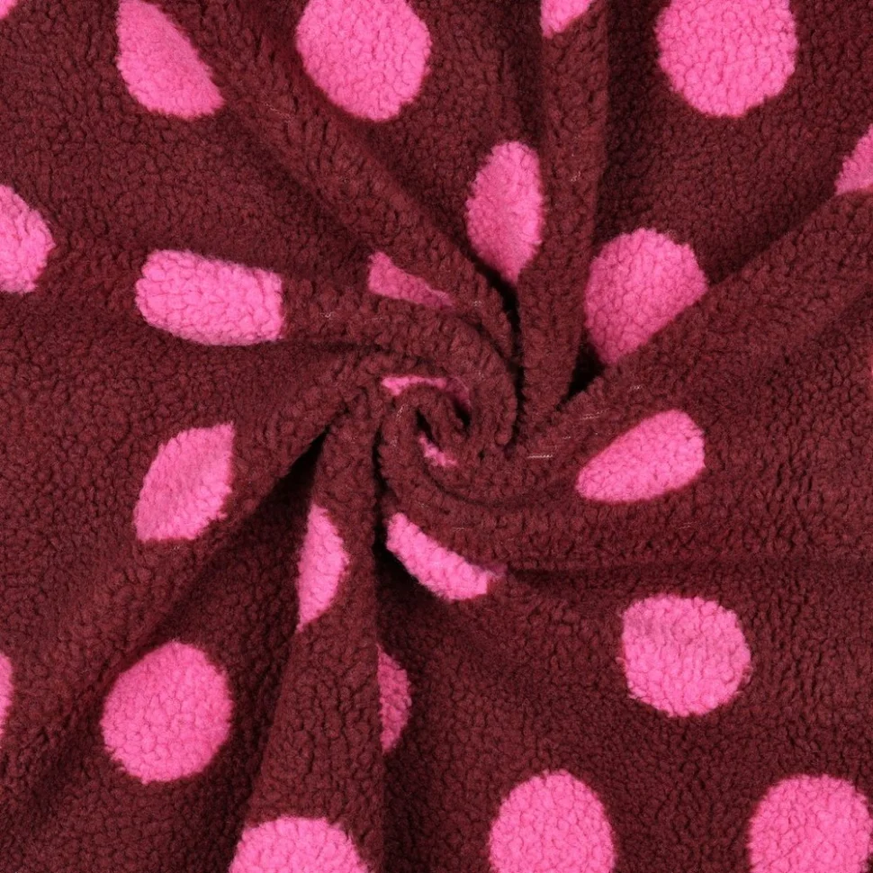 Tissu Bouclette Teddy imprimé June pois sur fond Bordeaux