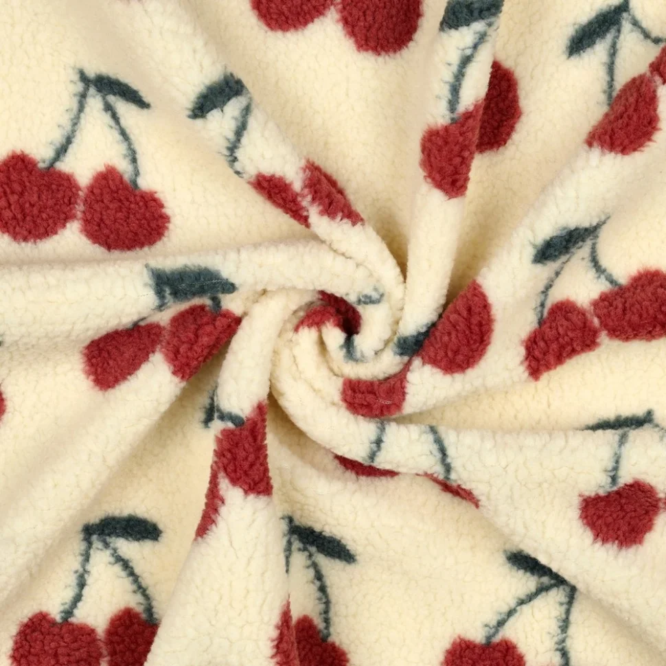 Tissu Bouclette Teddy imprimé Cerises sur fond Ecru