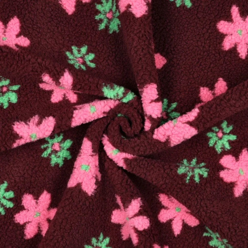 Tissu Bouclette Teddy imprimé Mila fleurs roses sur fond Bordeaux