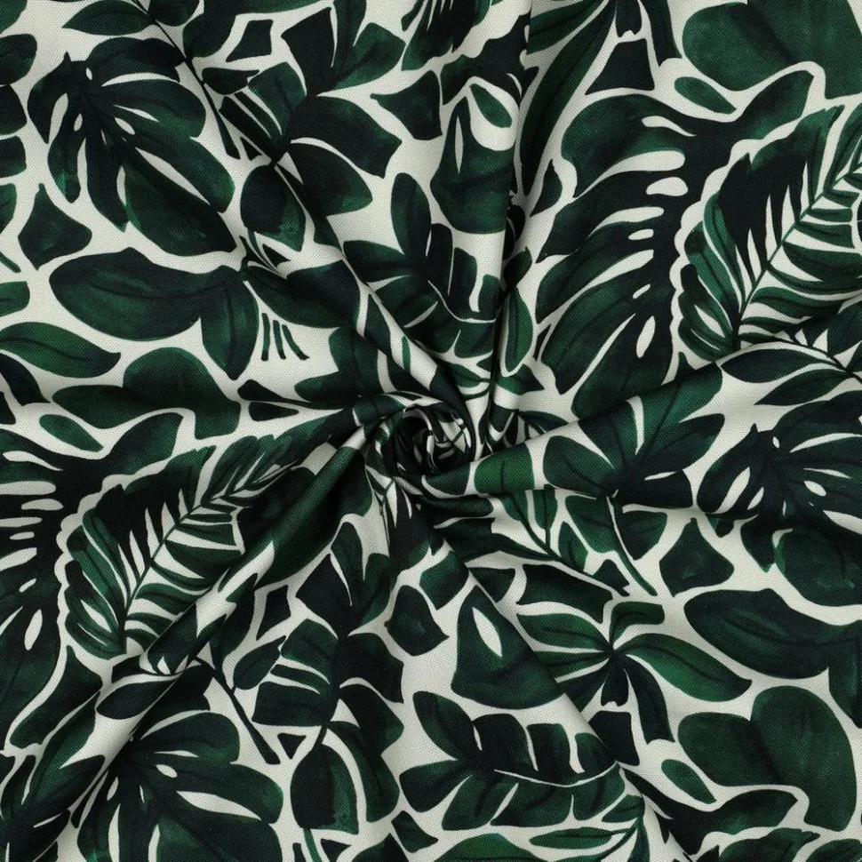 Tissu Toile de Coton canvas digital Iris feuillage Vert sur fond Blanc