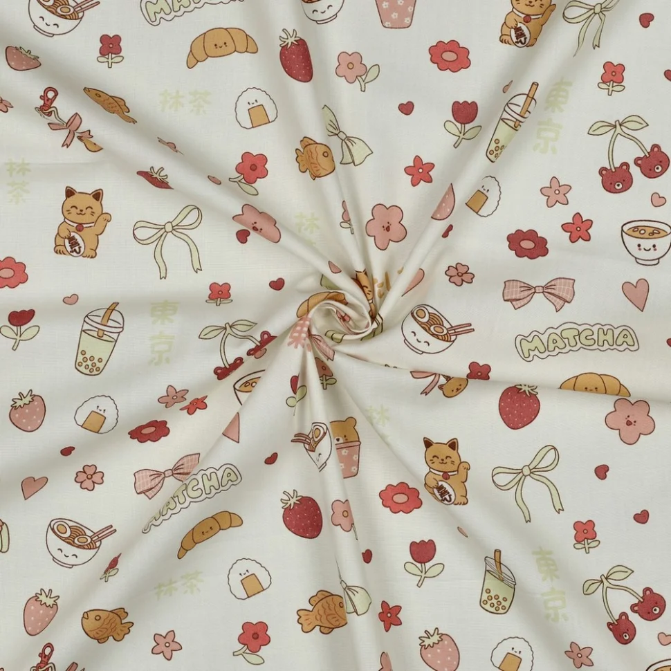 Tissu Popeline de Coton Matcha kawaii sur fond Blanc cassé