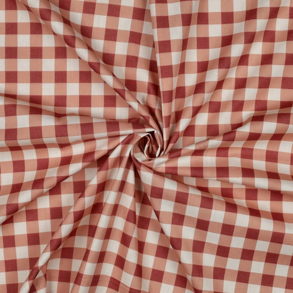 Tissu Popeline de Coton Matcha carreaux Ecru sur fond Rouge