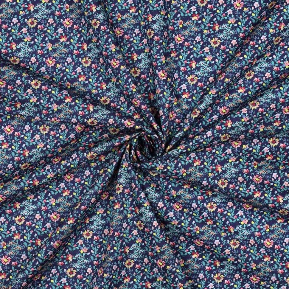 Tissu Popeline de Coton digital Jeanne petites fleurs sur fond Bleu marine