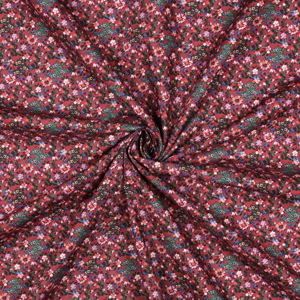 Tissu Popeline de Coton digital Jeanne petites fleurs sur fond Bordeaux