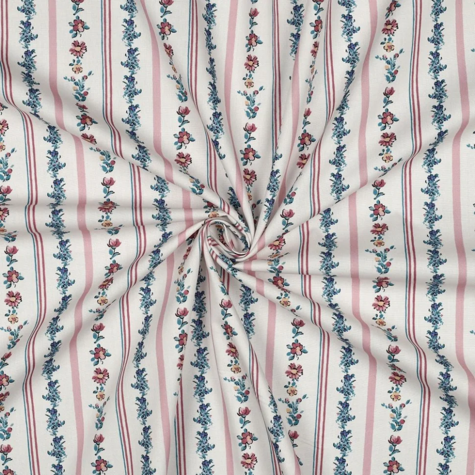 Tissu Popeline de Coton digital Jeanne rayé fleuris sur fond Blanc