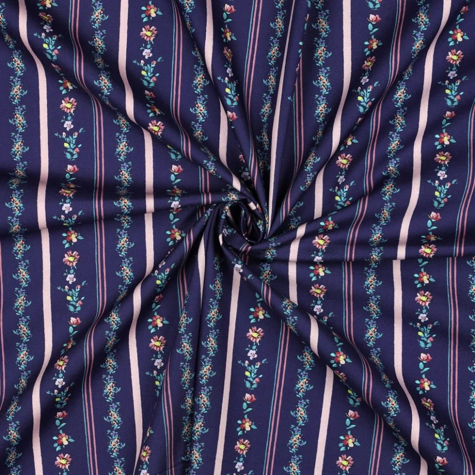 Tissu Popeline de Coton digital Jeanne rayé fleuris sur fond Bleu marine