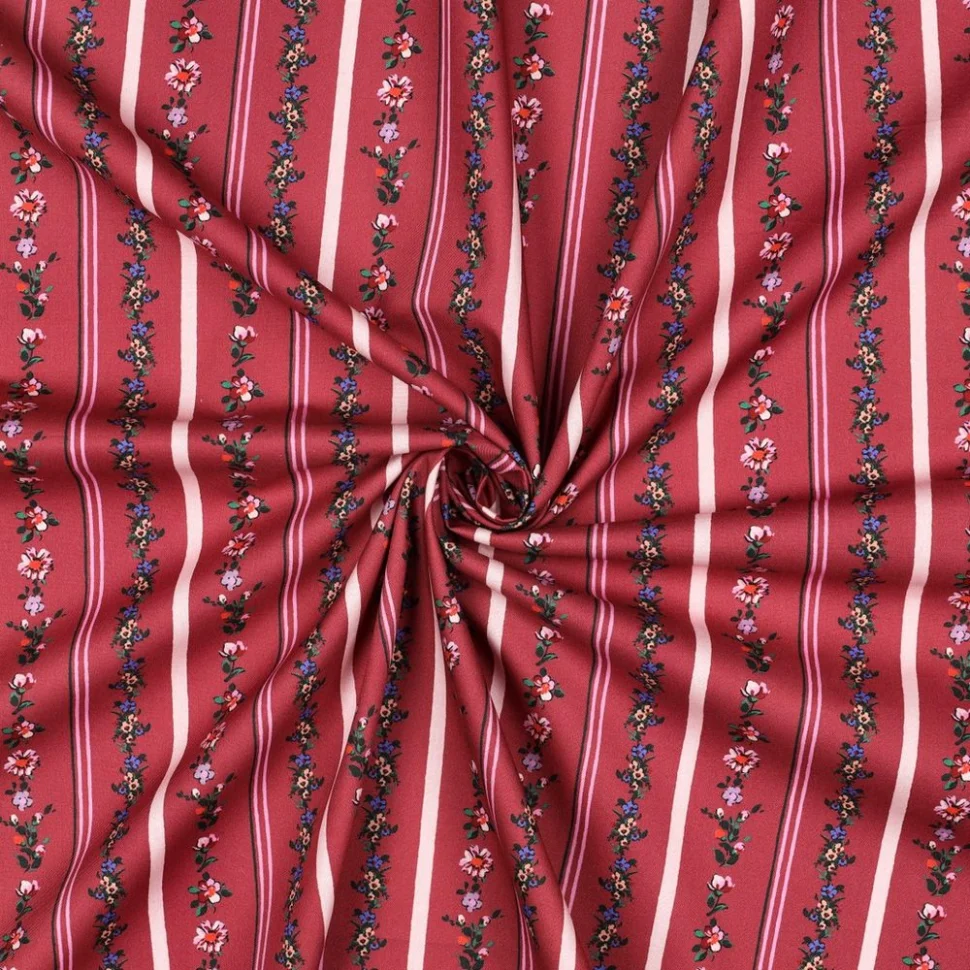 Tissu Popeline de Coton digital Jeanne rayé fleuris sur fond Bordeaux