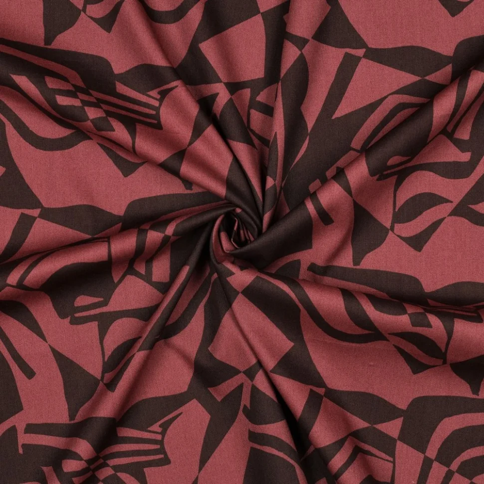 Tissu Coton Viscose digital Motifs géométrique Acajou sur fond Marron chocolat
