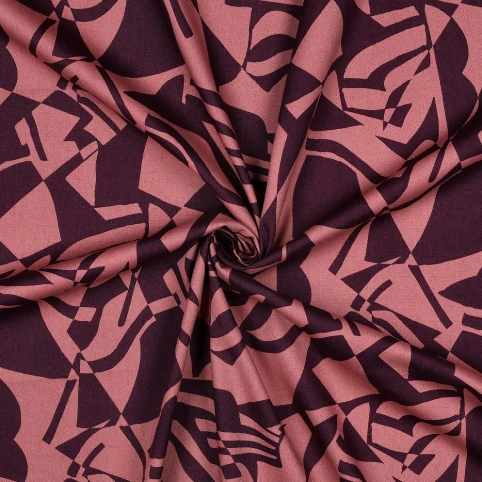 Tissu Coton Viscose digital Motifs géométrique Rose sur fond Bordeaux