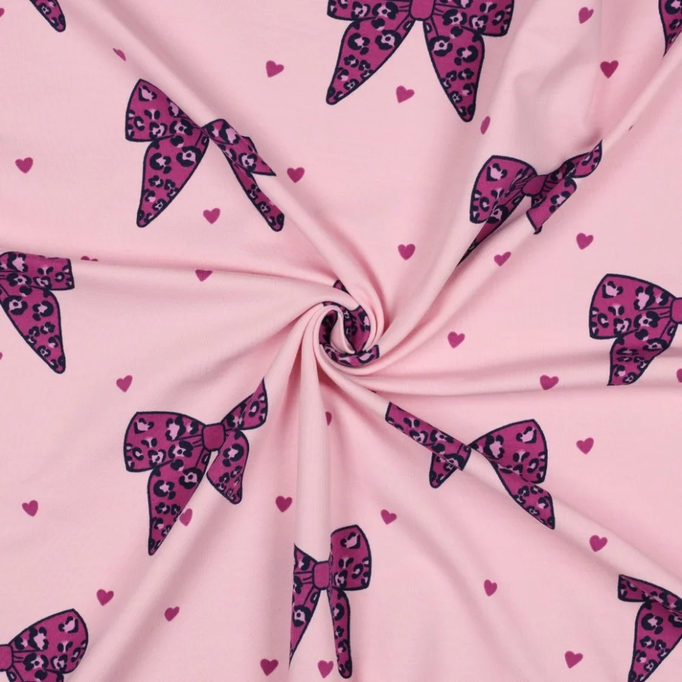 Tissu Sweat léger French Terry Manon noeuds et coeurs Fuschia sur fond Rose