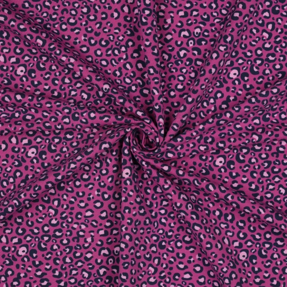 Tissu Sweat léger French Terry Léopard Noir et Rose sur fond Rose fuchsia