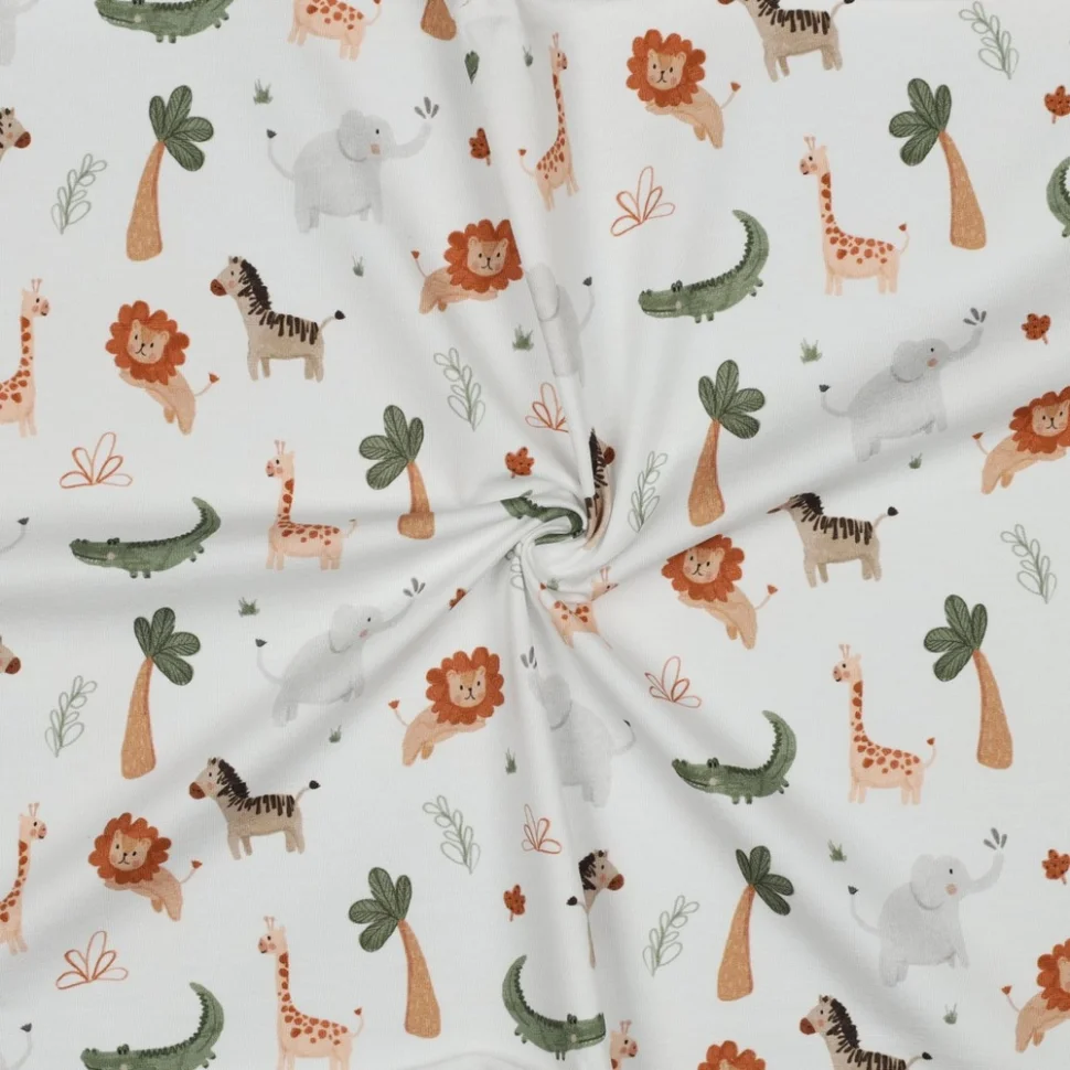 Tissu Jersey Coton imprimé digital Tim safari mignon sur fond Blanc