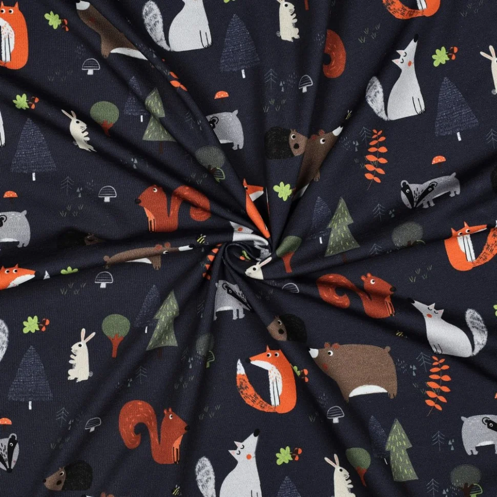 Tissu Jersey Coton imprimé digital Tom animaux de la forêt sur fond Bleu marine