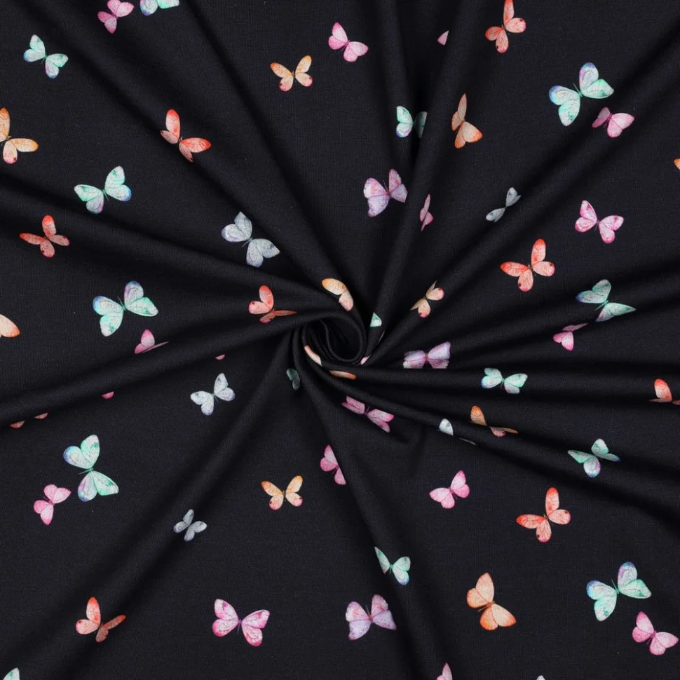 Tissu Jersey Coton imprimé digital Lea petits papillons Multicolores sur fond Bleu marine