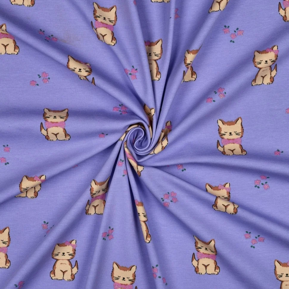Tissus Jersey Coton imprimé chatons noeuds pailletés sur fond Violet
