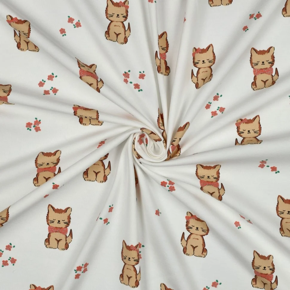Tissus Jersey Coton imprimé chatons noeuds pailletés sur fond Blanc