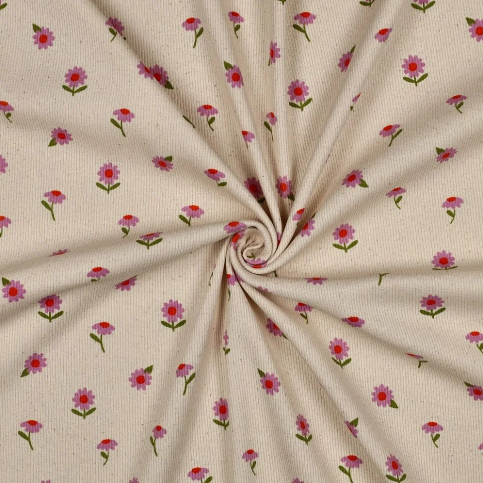 Tissu Jersey Bord Côte  Anne petites fleurs sur fond Naturel
