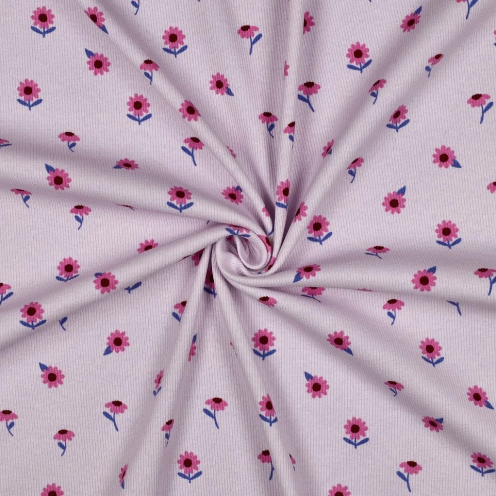 Tissu Jersey Bord Côte  Anne petites fleurs sur fond Lilas