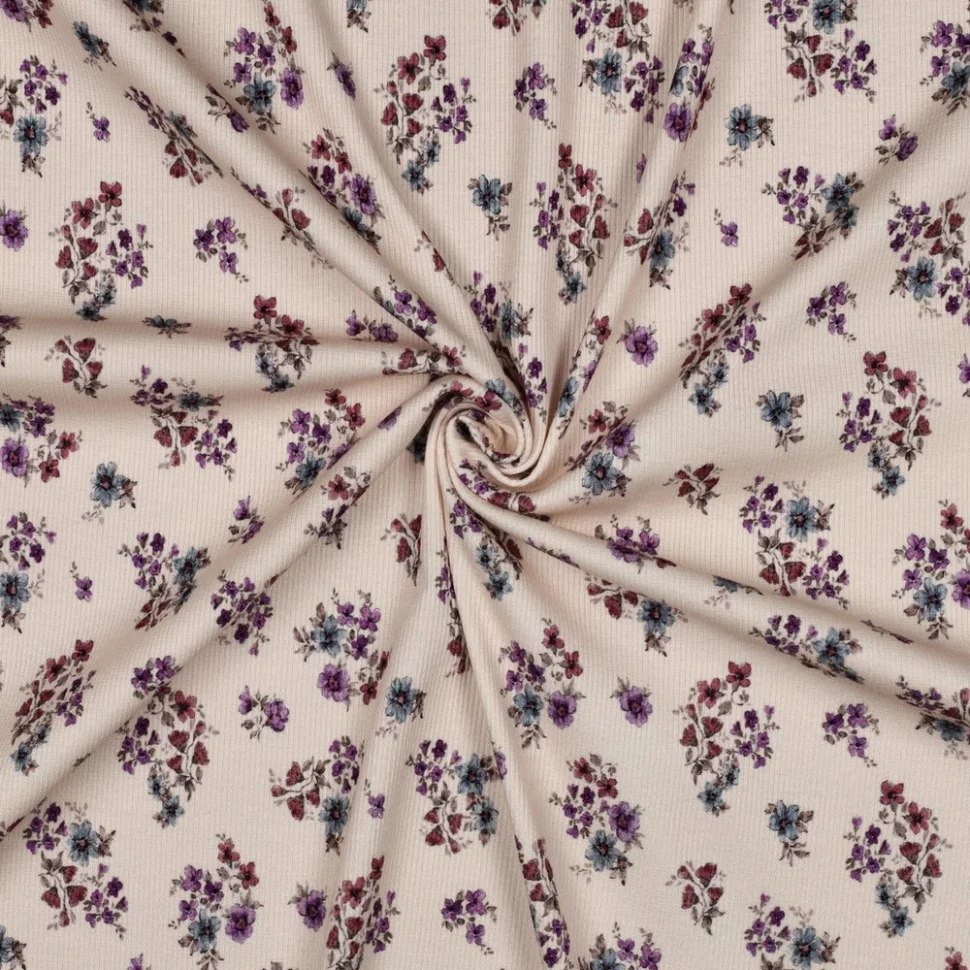 Tissu Jersey Bord Côte digital Alicia petites fleurs sur fond Rose poudré
