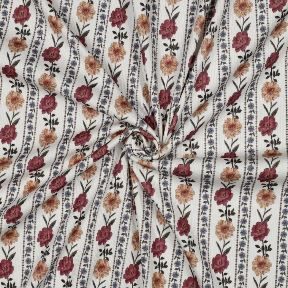 Tissu Jersey Bord Côte digital Miranda motif floral sur fond Blanc cassé