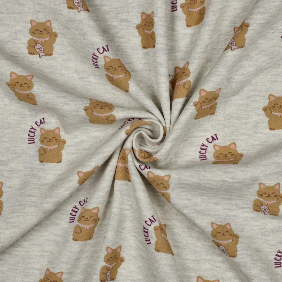 Tissu Sweat léger envers molletonné Lucky cat sur fond Gris chiné