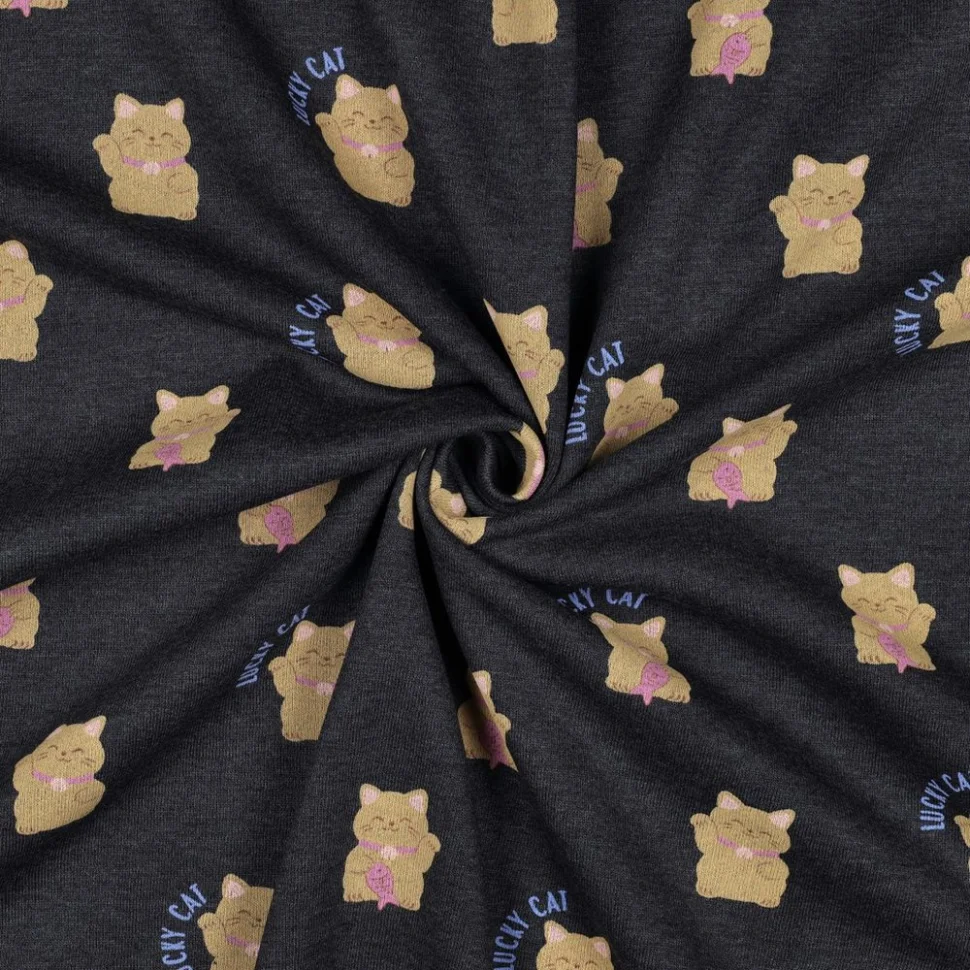Tissu Sweat léger envers molletonné Lucky cat sur fond Bleu marine chiné