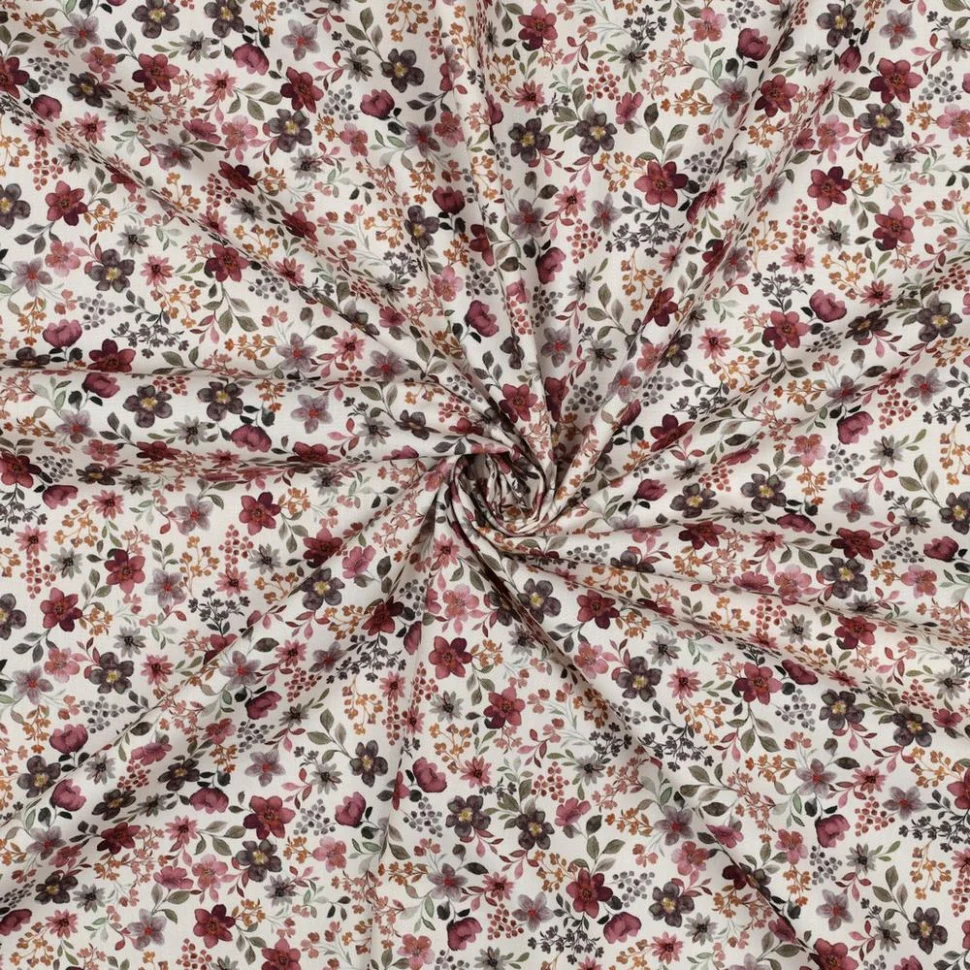 Tissu Popeline de Coton digital imprimé Mia petites fleurs sur fond Ecru
