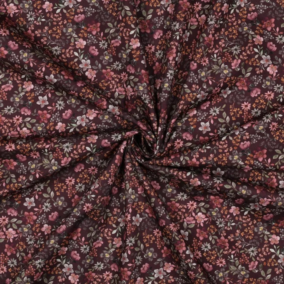 Tissu Popeline de Coton digital imprimé Mia petites fleurs sur fond Bordeaux