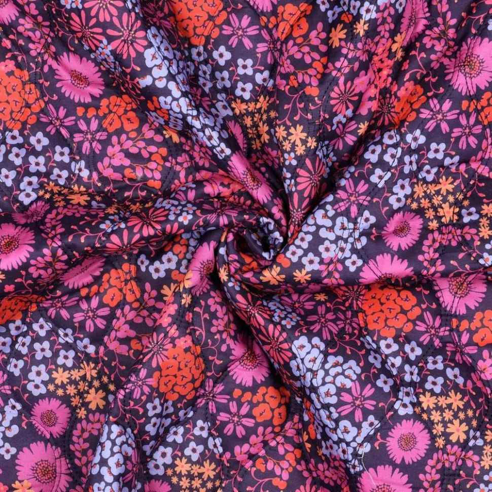 Tissu Voile de Coton Matelassé réversible digital Lila fleurs Multicolores sur fond Violet