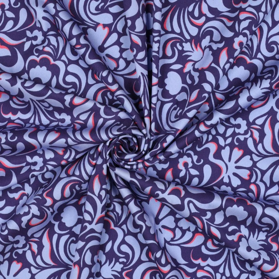Tissu Viscose élasthanne stretch Motif floral Bleu lavande sur fond Violet