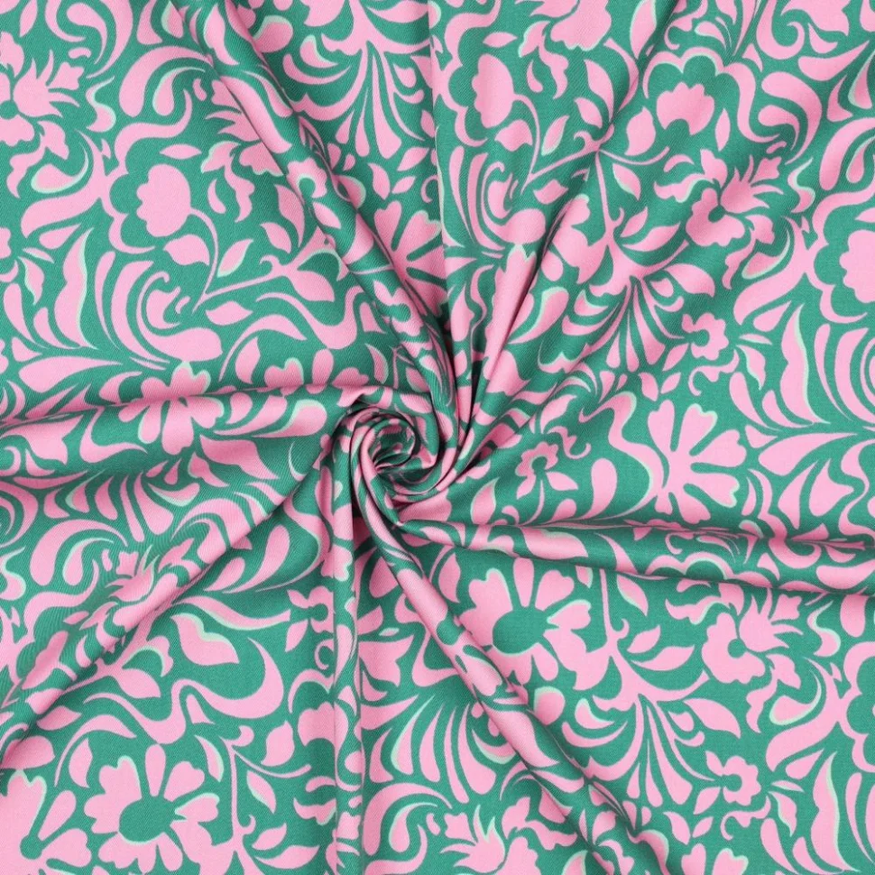 Tissu Viscose élasthanne stretch Motif floral Rose sur fond Vert émeraude