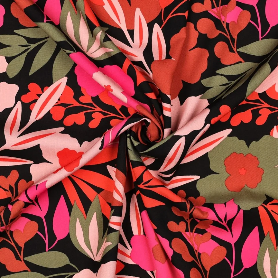Tissu Viscose lenzing EcoVero Clara grandes fleurs Vert et Orange sur fond Noir