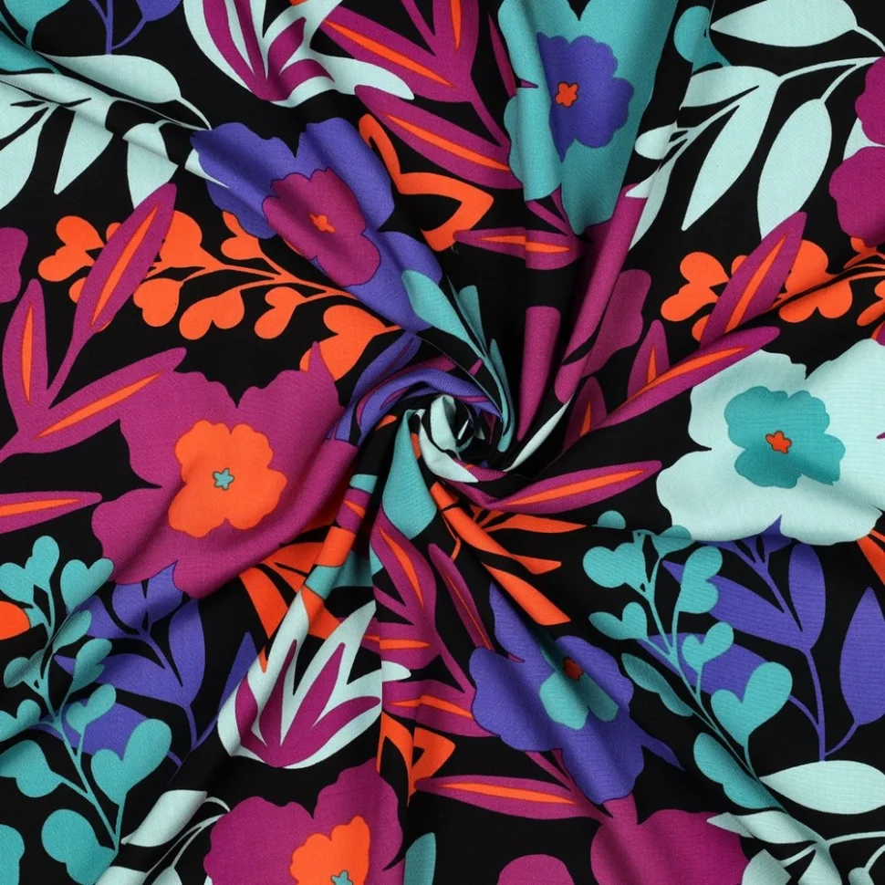 Tissu Viscose lenzing EcoVero Clara grandes fleurs Bleu lagon et Orange sur fond Noir