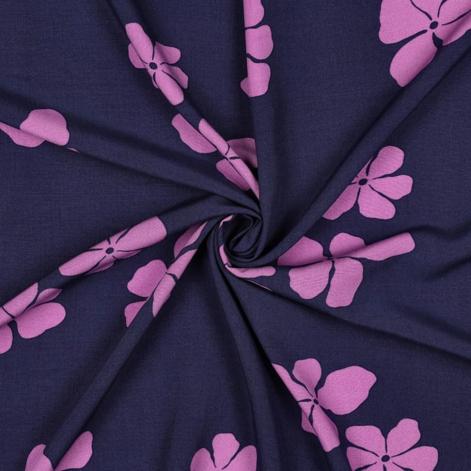 Tissu Viscose lenzing EcoVero Lisa fleurs Rose sur fond Violet foncé