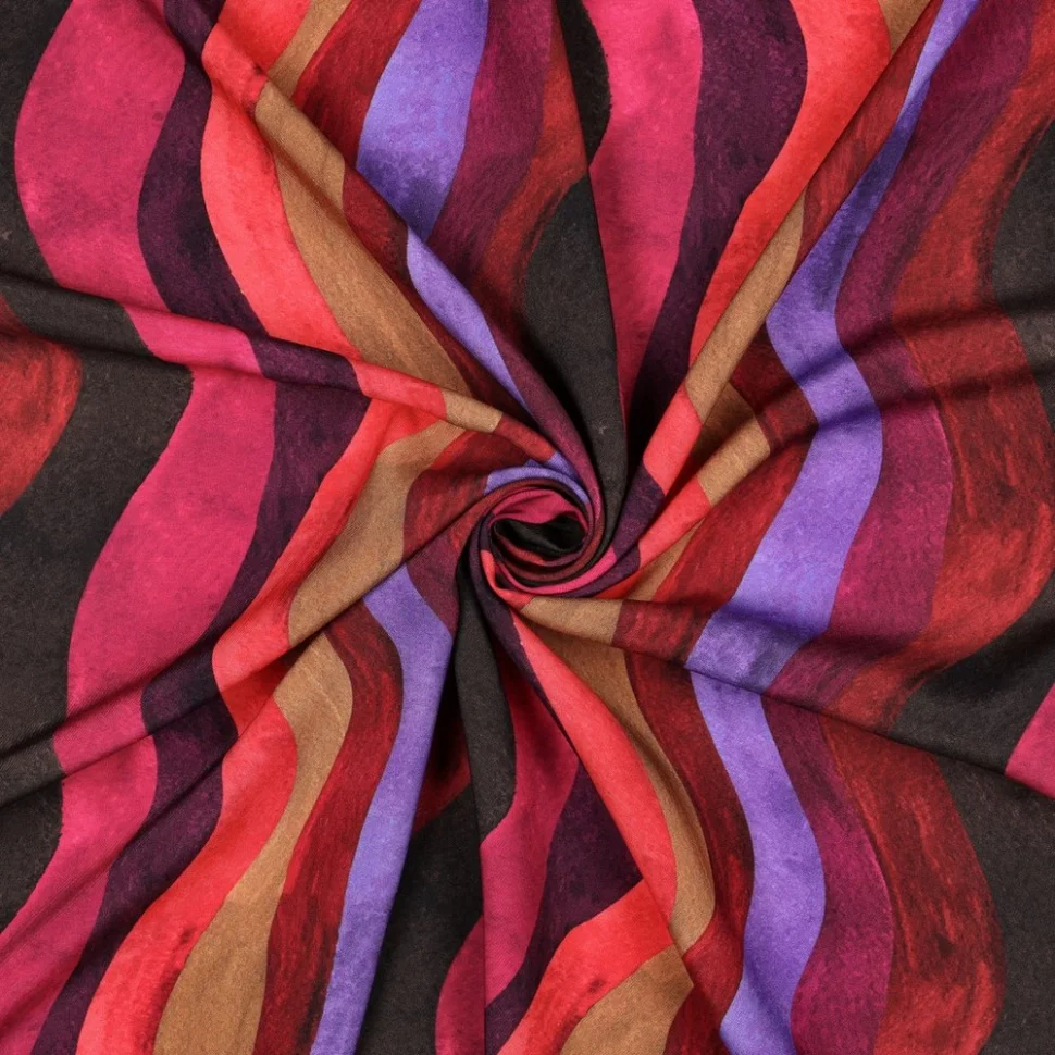 Tissu Viscose digital lenzing EcoVero Lignes ondulées Multicolores sur fond Aubergine