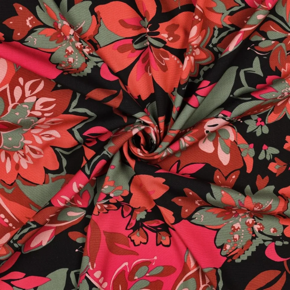 Tissu Viscose élasthanne stretch Grandes fleurs Orange et Vert sur fond Noir