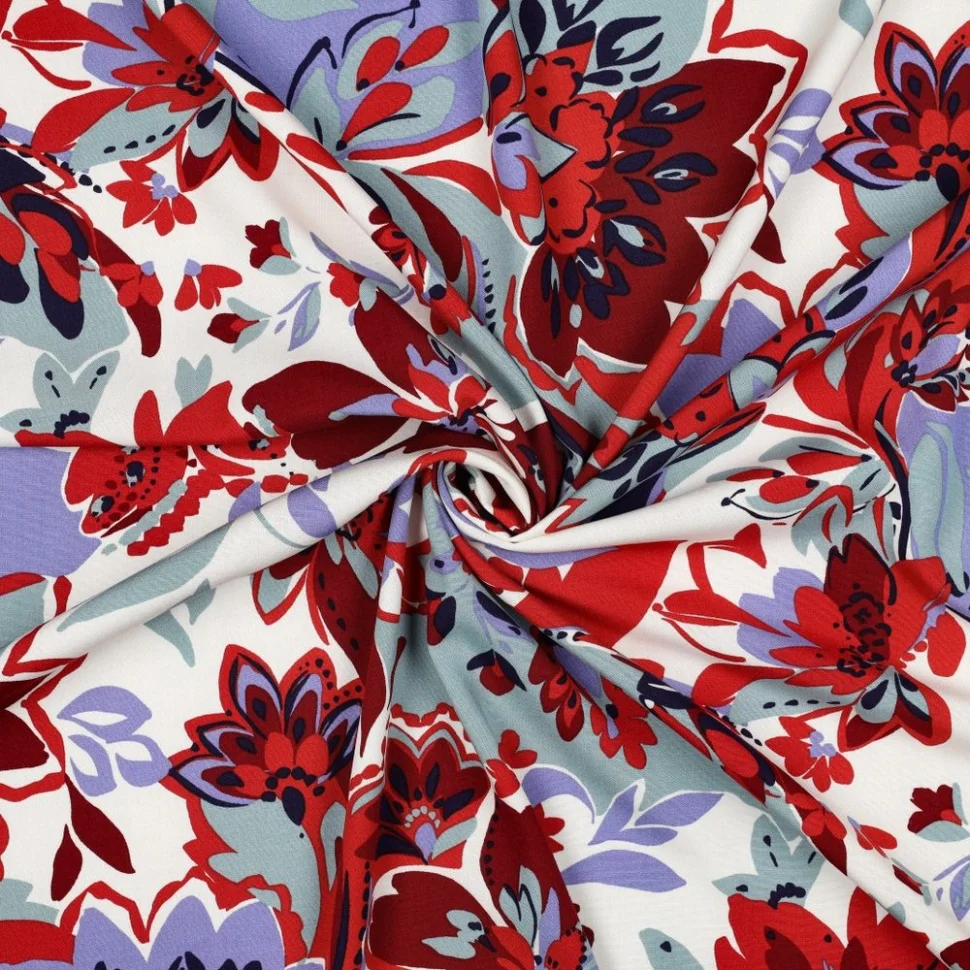 Tissu Viscose élasthanne stretch Grandes fleurs Rouge et Lavande sur fond Blanc