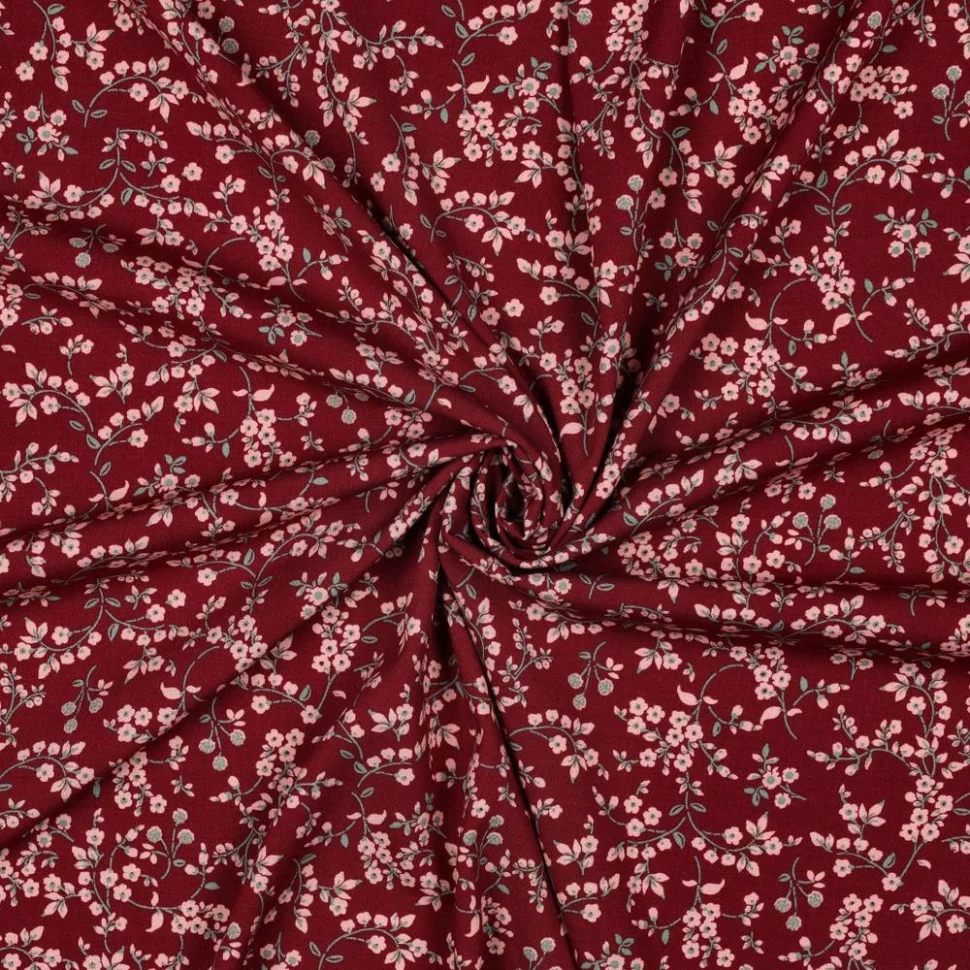 Tissu Viscose élasthanne stretch Petites fleurs Rose sur fond Bordeaux