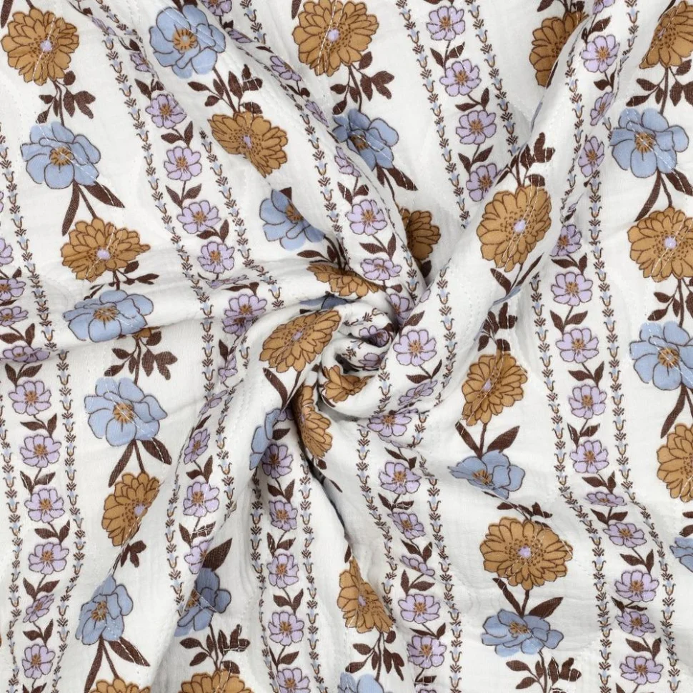 Tissu Double gaze de Coton Matelassé réversible Lila bandes fleuris sur fond Blanc