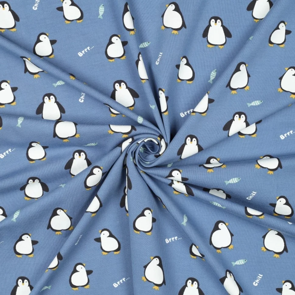 Tissus Jersey Coton imprimé Happy pinguins sur fond Bleu
