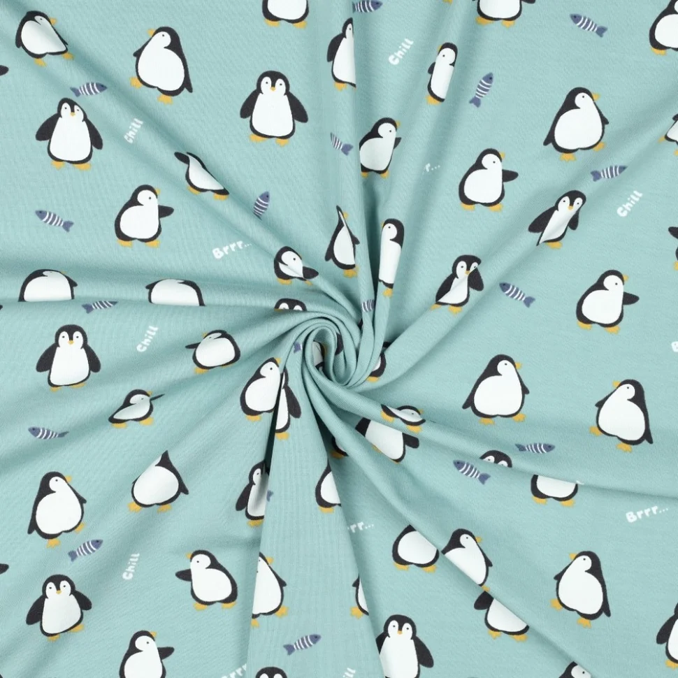 Tissus Jersey Coton imprimé Happy pinguins sur fond Vert menthe