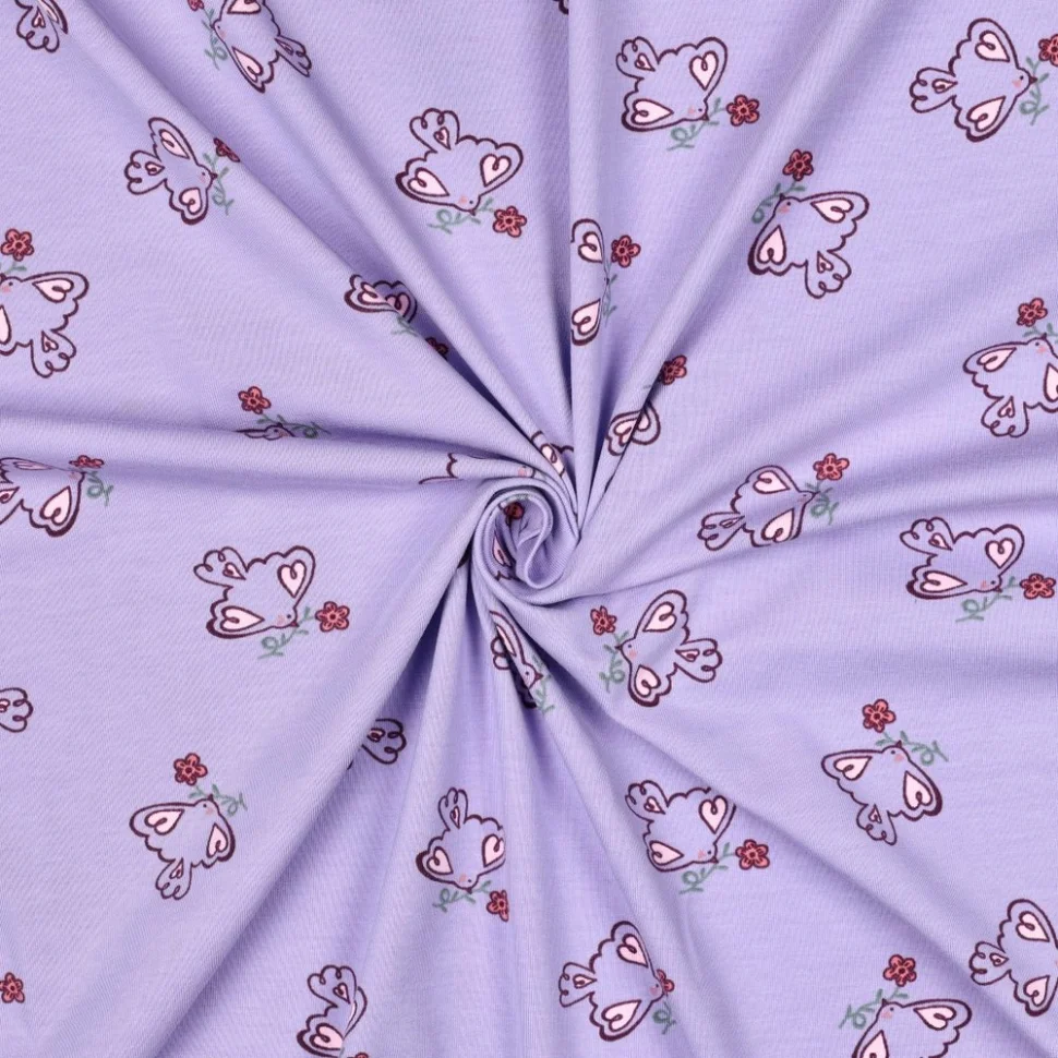 Tissu Jersey Coton imprimé Birdy petites colombes sur fond Lilas