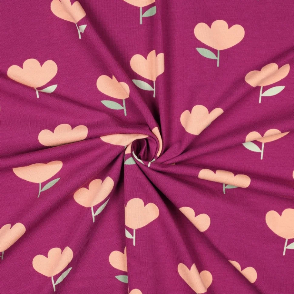 Tissu Jersey Coton imprimé Zoé tulipes Pêche sur fond Prune