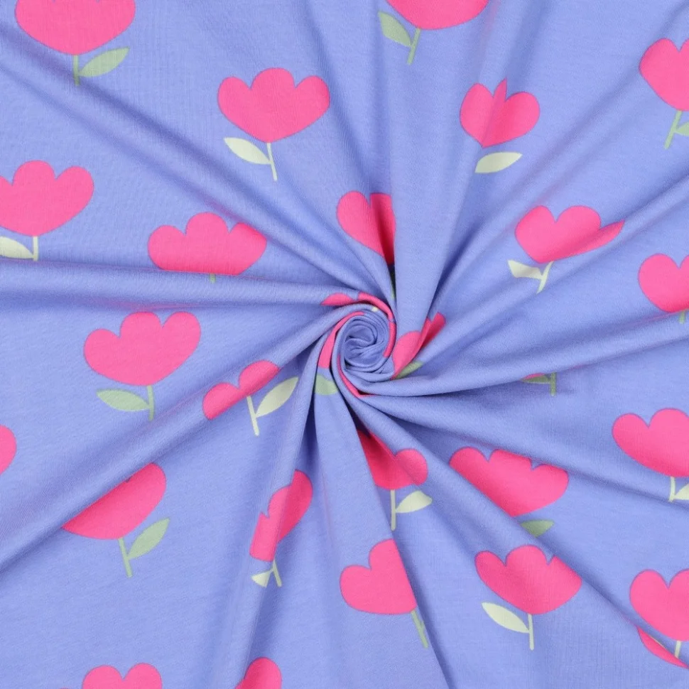 Tissu Jersey Coton imprimé Zoé tulipes Rose sur fond Bleu lavande