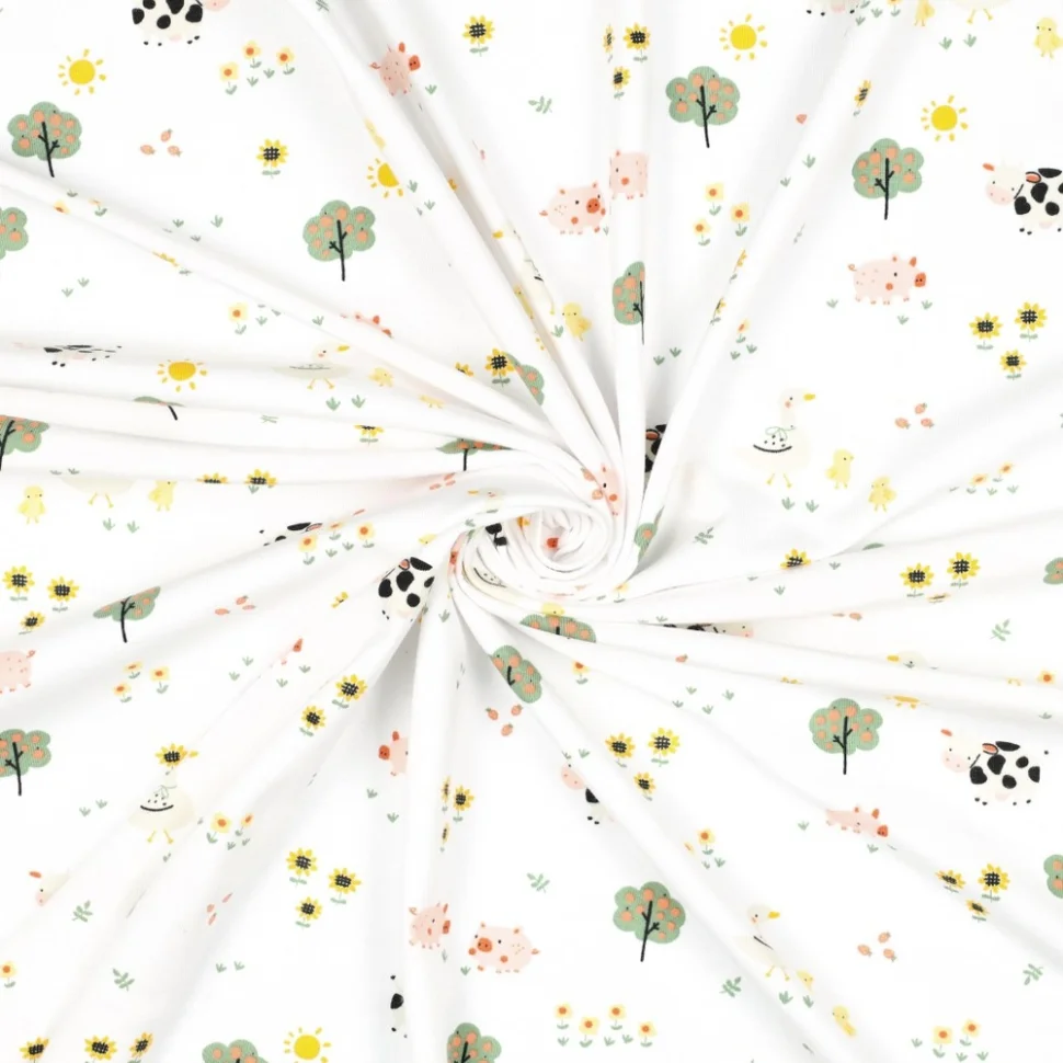 Tissu Jersey Coton Bio imprimé Animaux de la ferme sur fond Blanc
