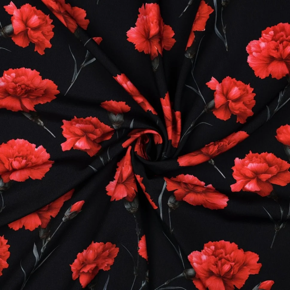 Tissu Viscose imprimé digital Olivia oeillets Rouge sur fond Noir