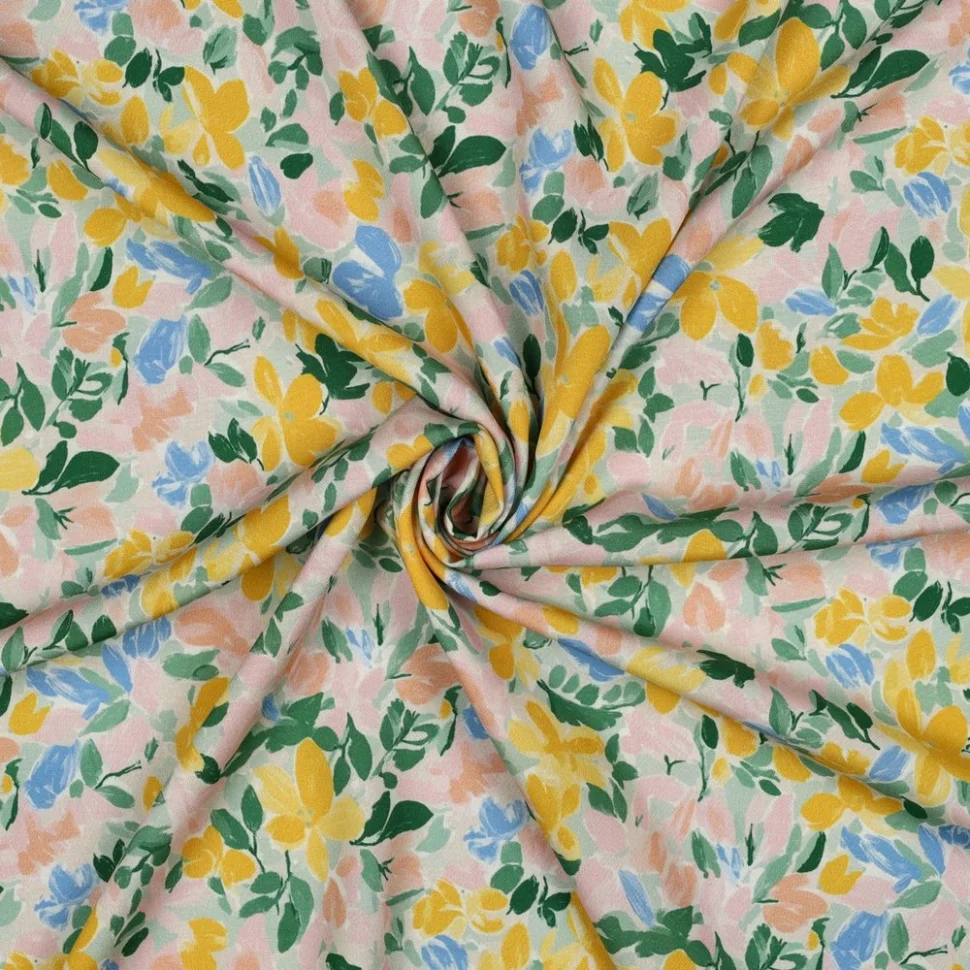 Tissu Viscose imprimé digital Hélène champ fleuri sur fond Ecru