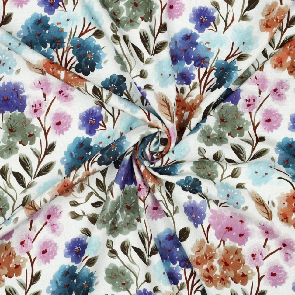Tissu Viscose imprimé digital Gaëlle fleurs sauvage sur fond Blanc