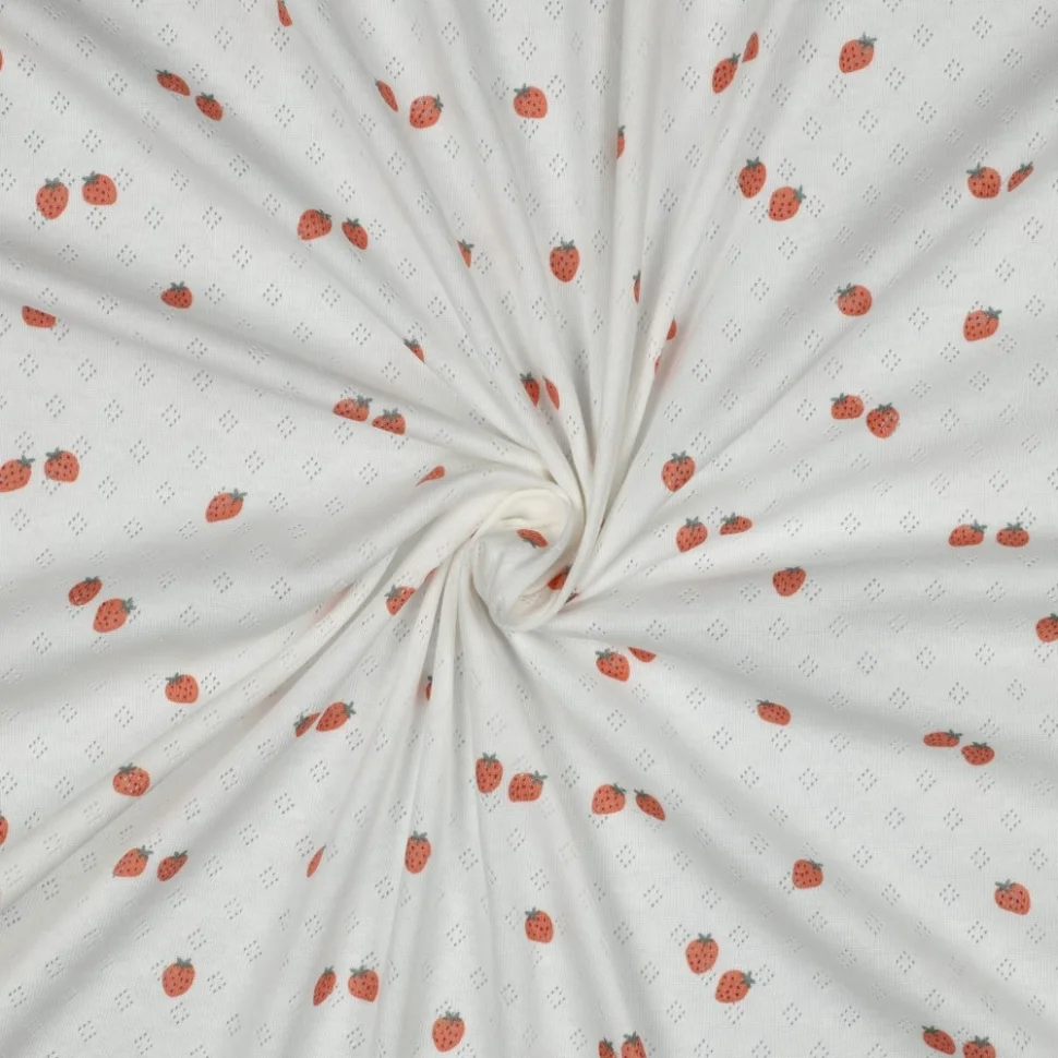 Tissu Jersey Coton ajouré Baby petites fraises Rouge sur fond Blanc