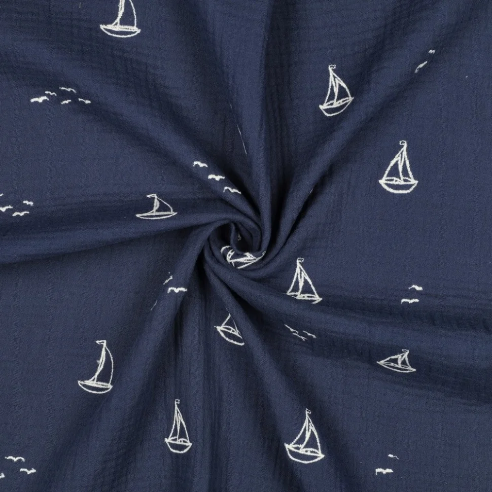 Tissu Double gaze de Coton Petits bateaux brodées Blanc sur fond Bleu marine